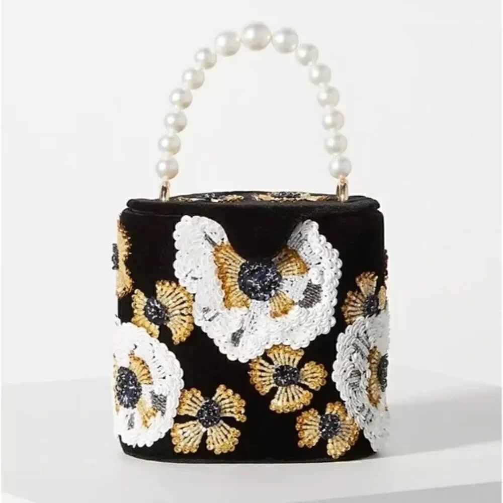 Anthropologie Embellished Flower Bucket Bag